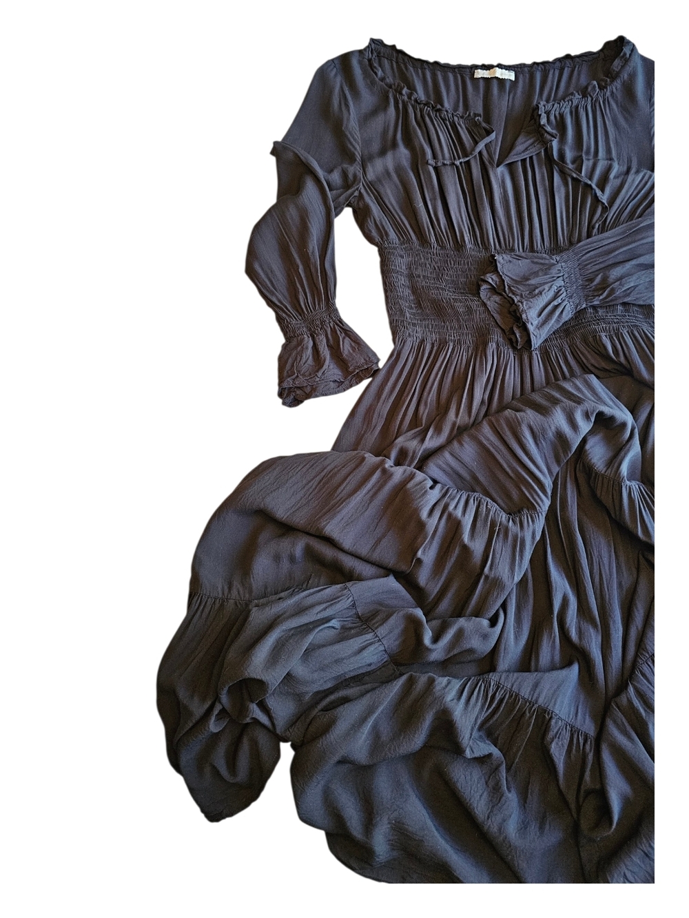 Belle Poque Black Maxi Dress Medium Smocked Boho Gothic Renaissance Whimsigoth - Picture 5 of 10